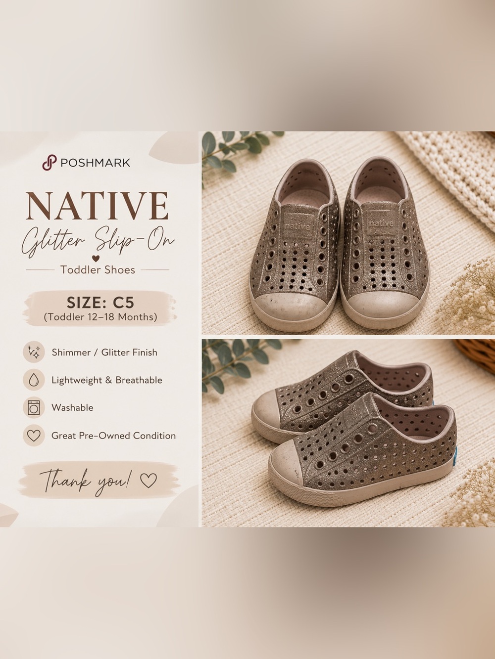 Native Kids Glitter Slip-On Water Shoes in Taupe